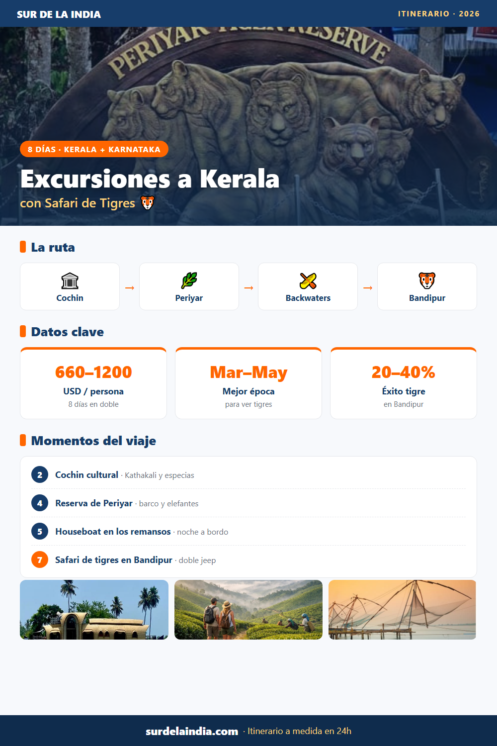 Infografía: itinerario de 8 días por Kerala con safari de tigres en Bandipur