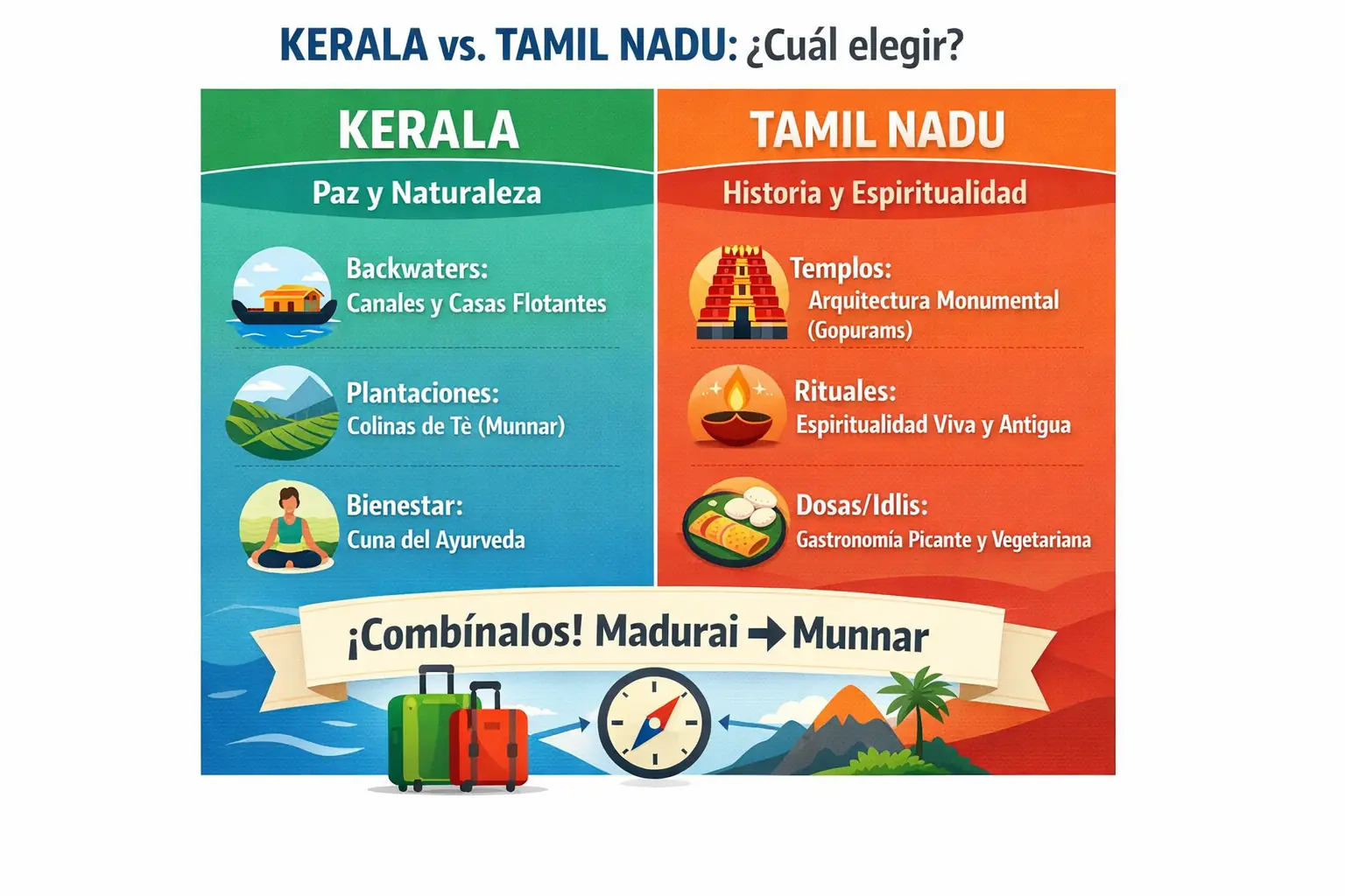 Comparación de viajes entre Kerala y Tamil Nadu: Madurai y Munnar